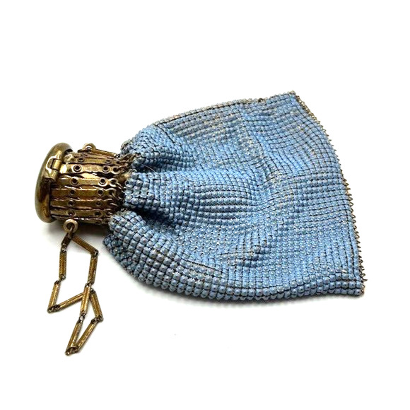Vtg Antique Evening Purse Expandable Top Gold Mesh Beaded Beggars Bag Blue - Picture 2 of 14